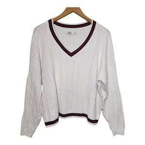 White V-Neck Cable Knit Sweater